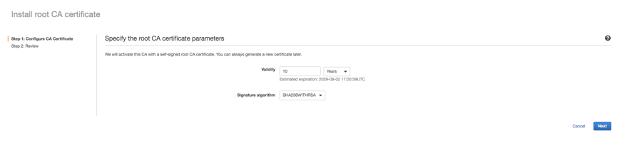 Figure 3: Specify the root CA certificate parameters