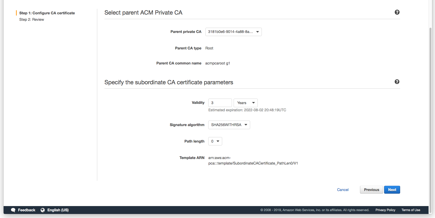 Figure 7: Specify the subordinate CA certificate parameters
