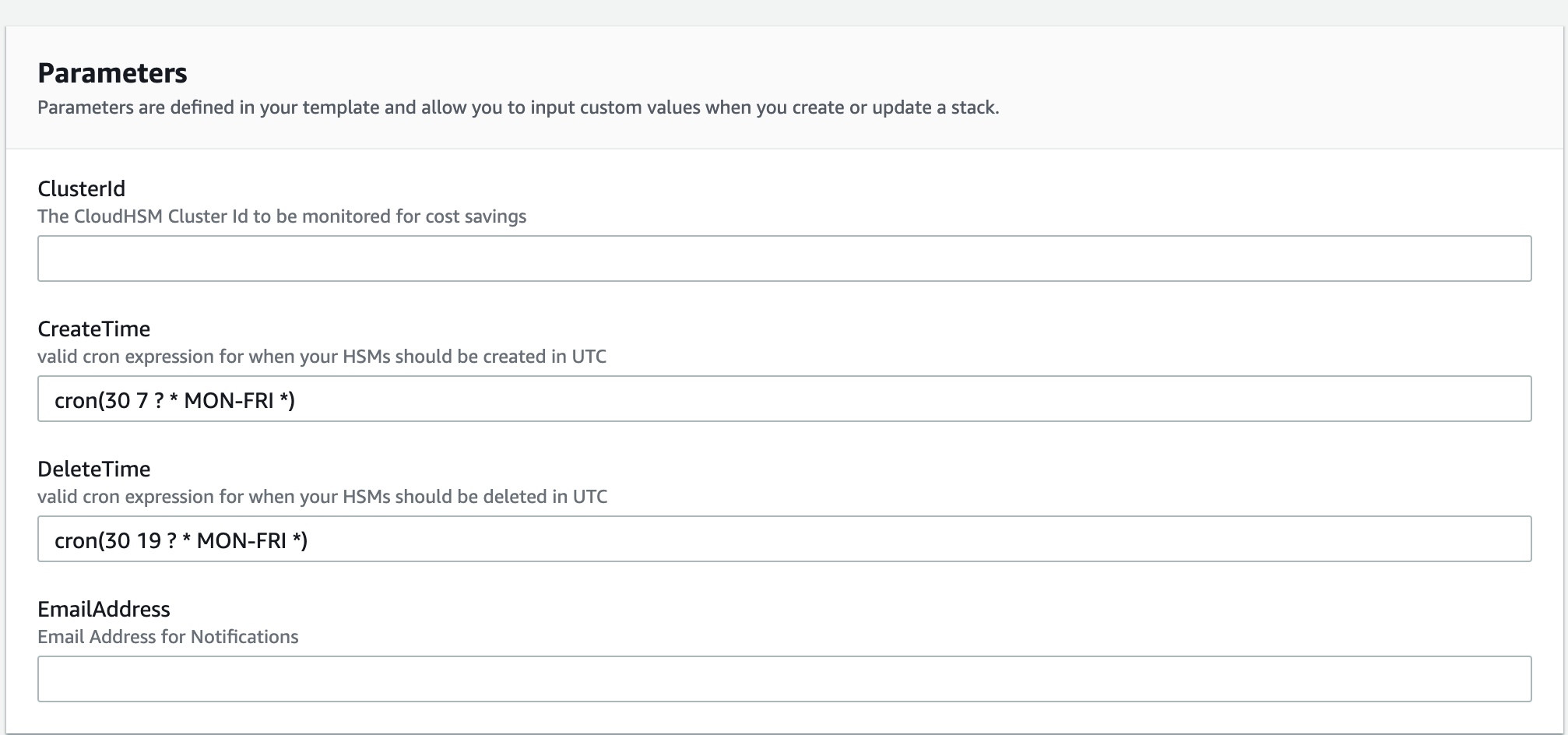Figure 2: Specify the parameters in CloudHSM