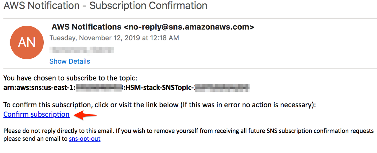 Figure 4: Select ‘Confirm subscription’ to subscribe to the SNS topic