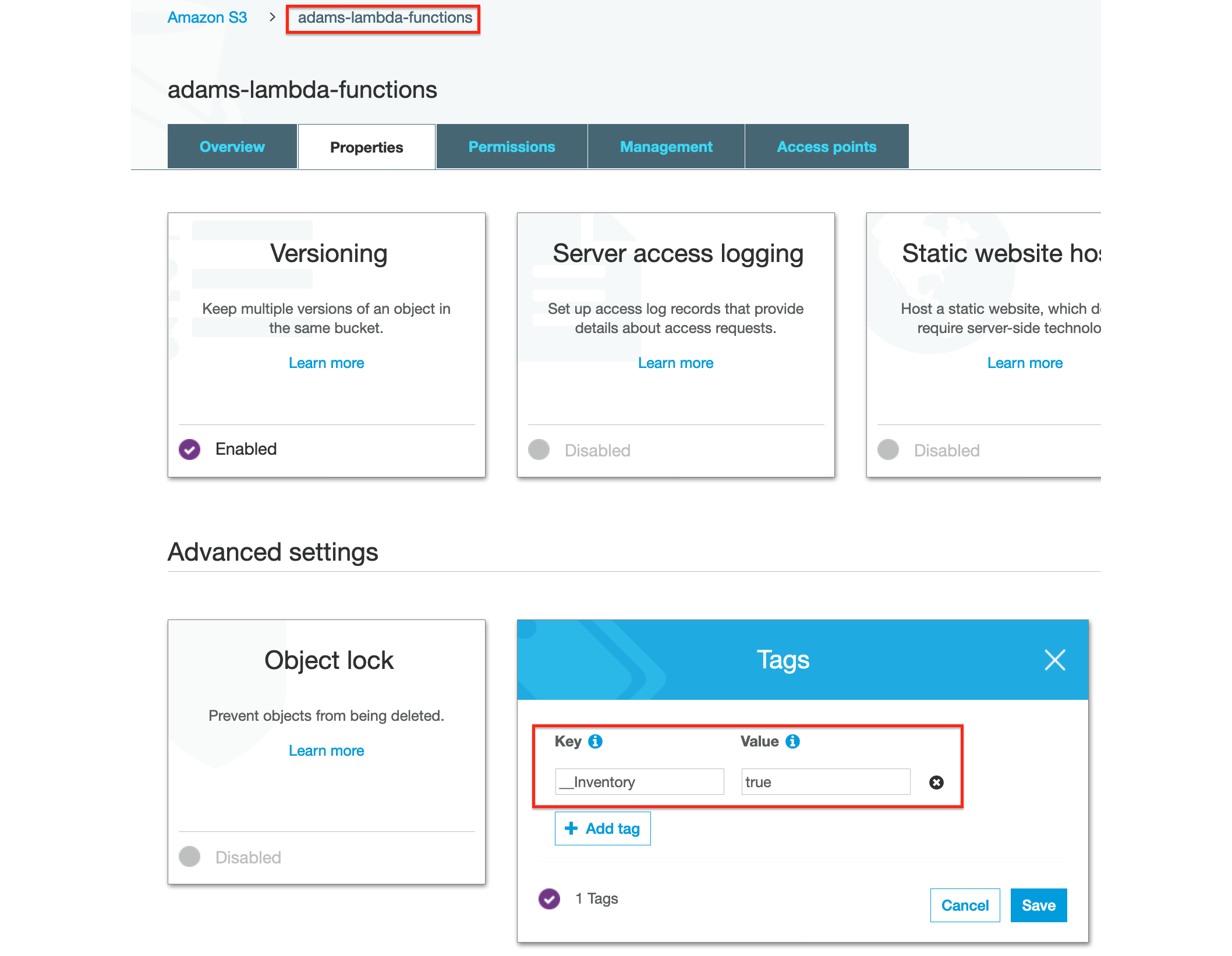 Figure 2: Tagging a bucket targeted for encryption in Amazon S3