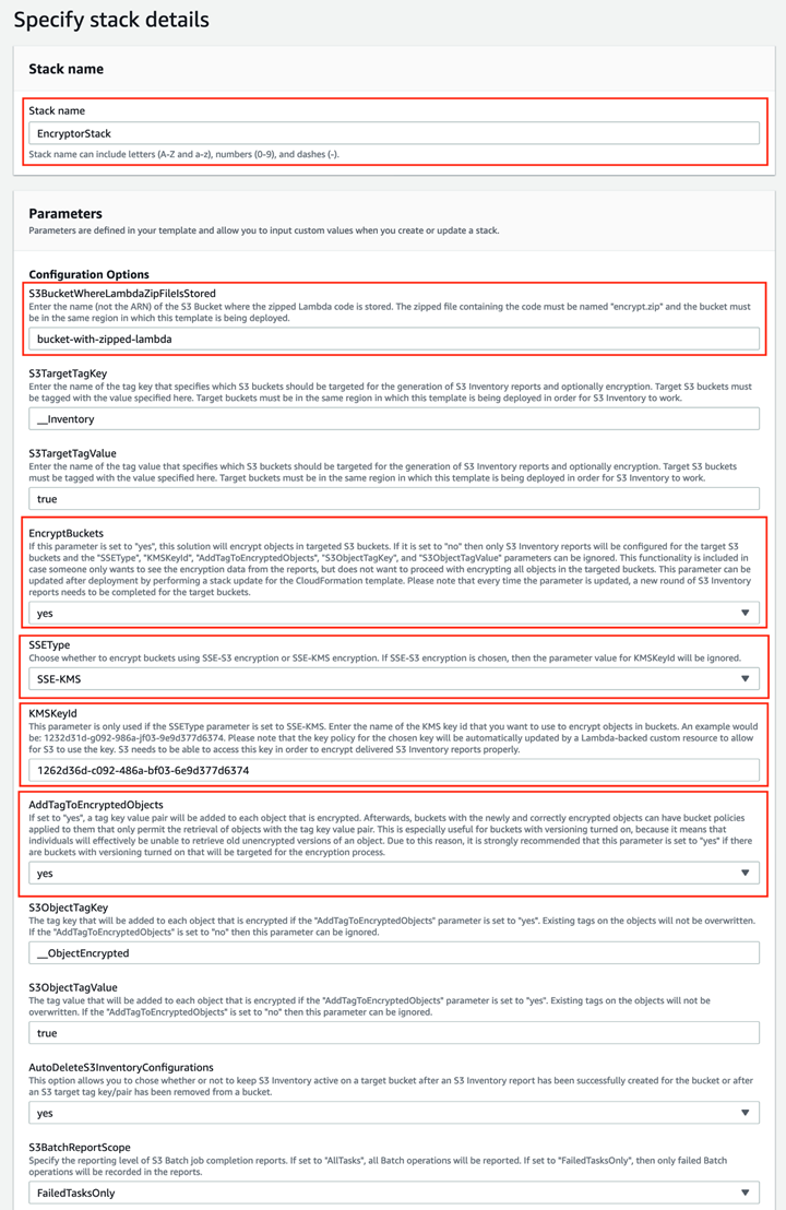 Figure 4: Set the parameters in the CloudFormation stack