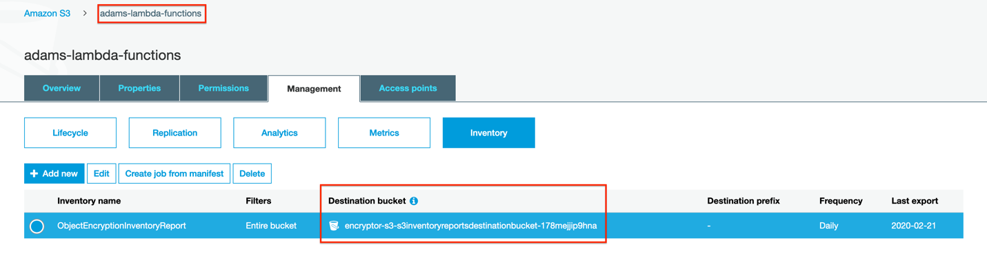 Figure 5: Check that the tagged S3 bucket has an S3 Inventory report configuration