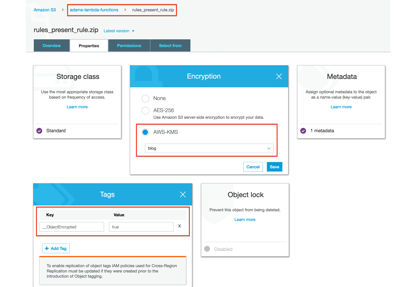 Figure 8: Checking the encryption status of an object in S3