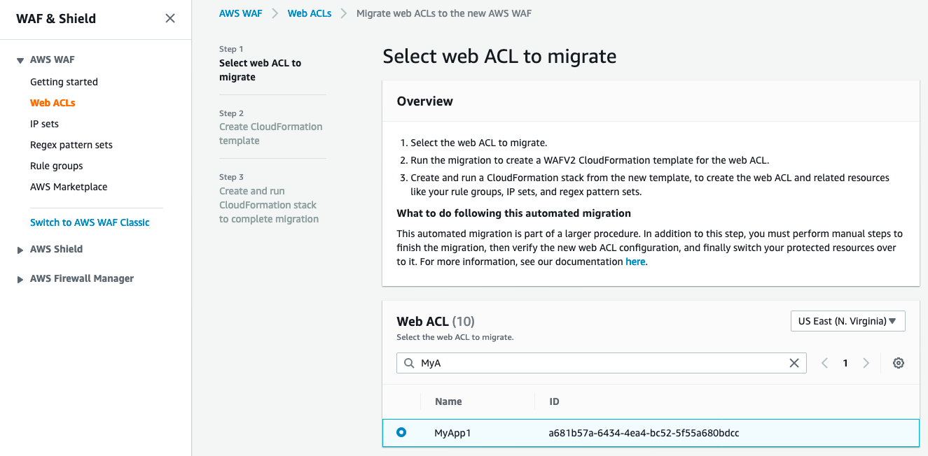 Figure 2: Select a web ACL to migrate