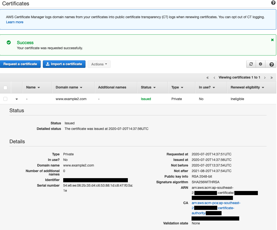 Figure 5: Certificate issued by shared ACM Private CA