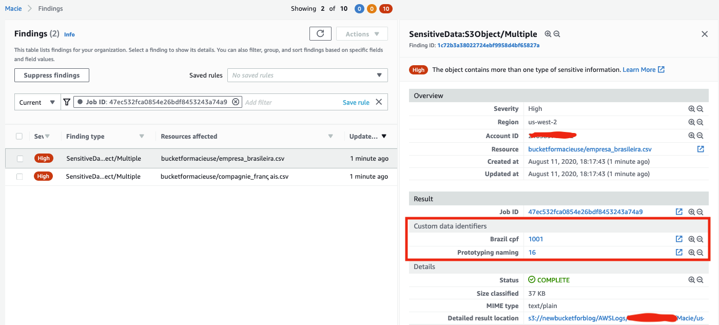 Figure 11: Findings detail page for the Brazil CPF custom data identifiers