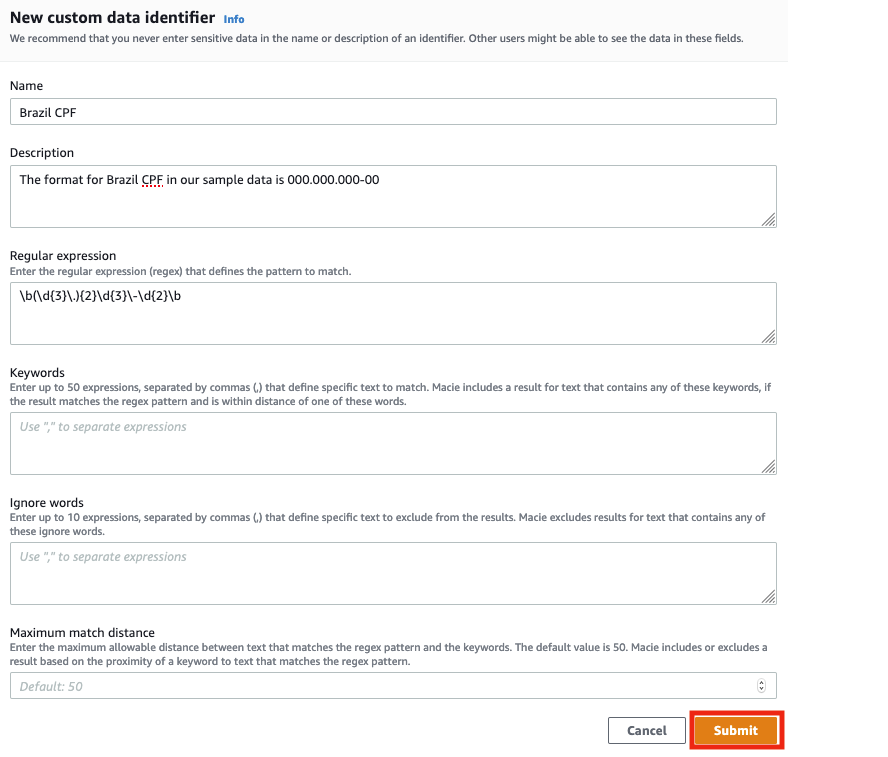 Figure 6: Brazil CPF custom data identifier