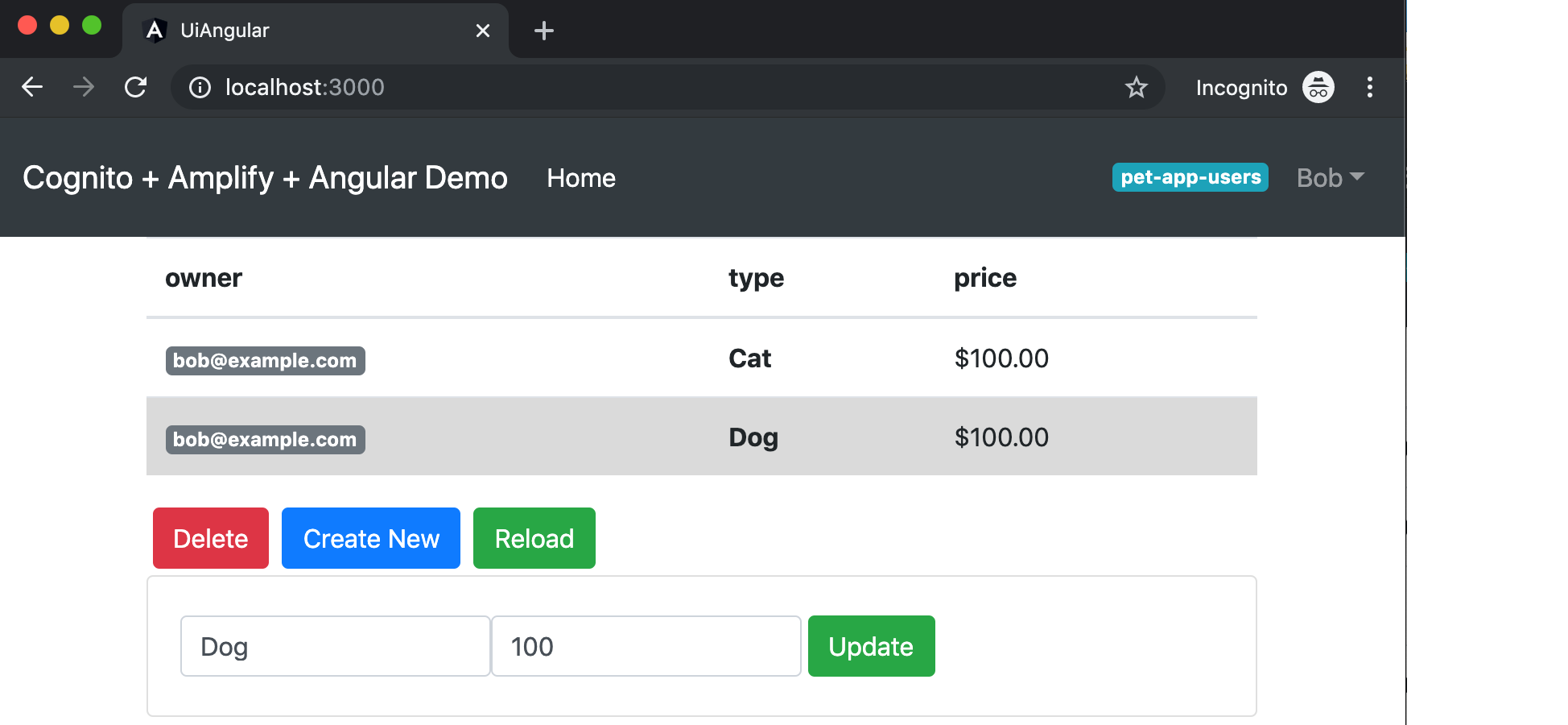 Figure 10: Example view for a user who is only a member of the pet-app-users group