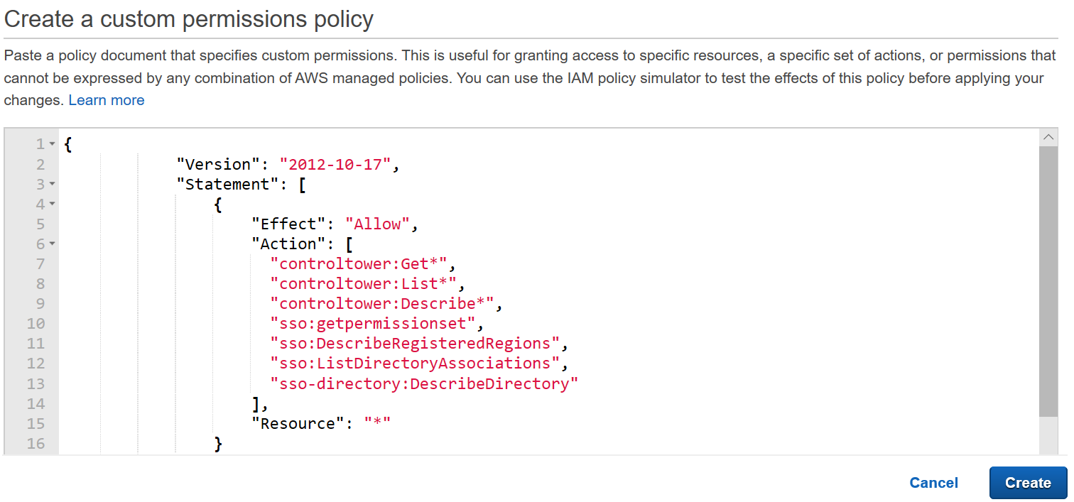 Figure 5: AWS IAM Identity Center console – Entering JSON code for custom permission policy