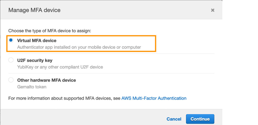 Figure 10: Select the Virtual MFA device type