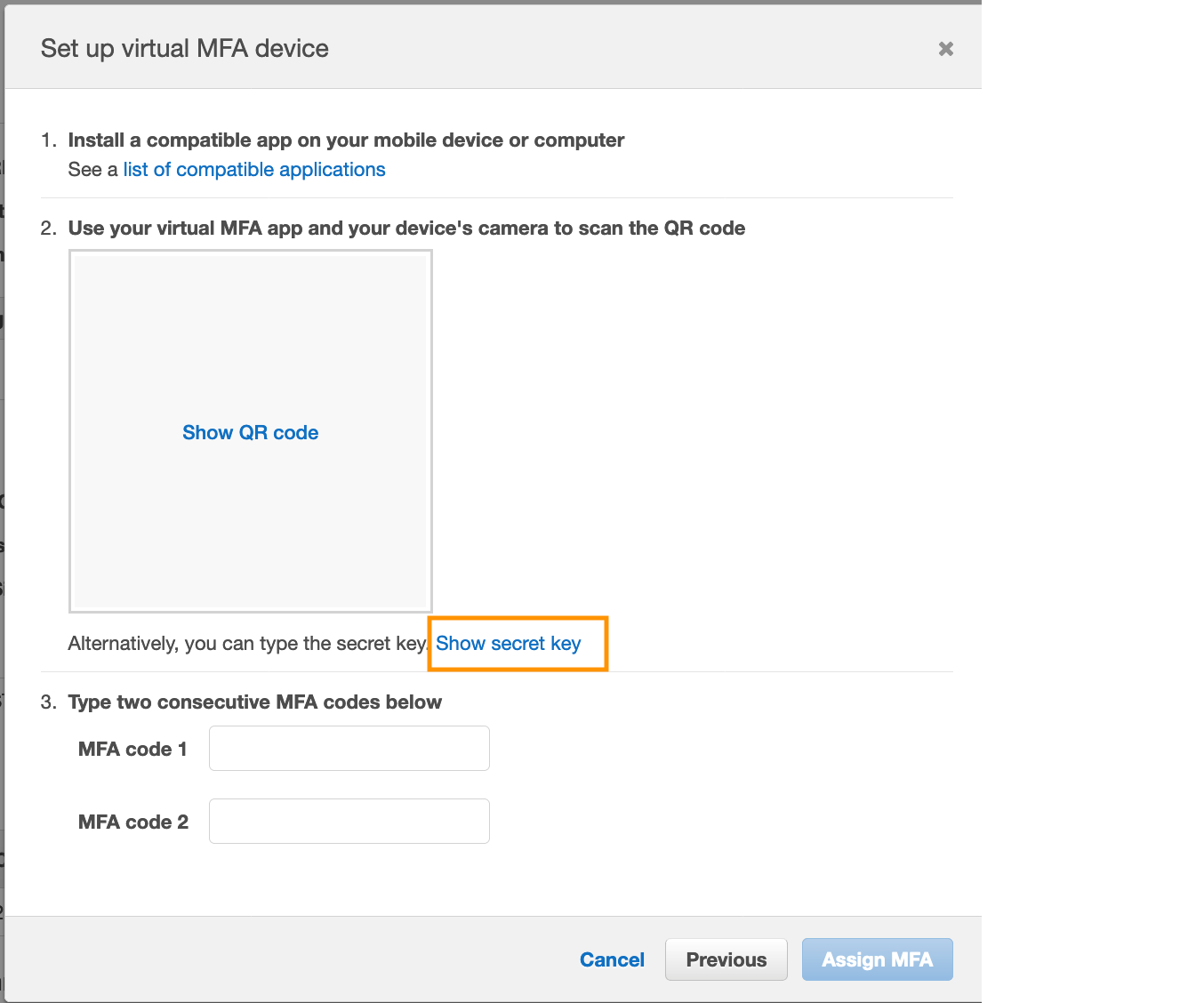 Figure 11: Retrieve the secret key on the virtual MFA device configuration page