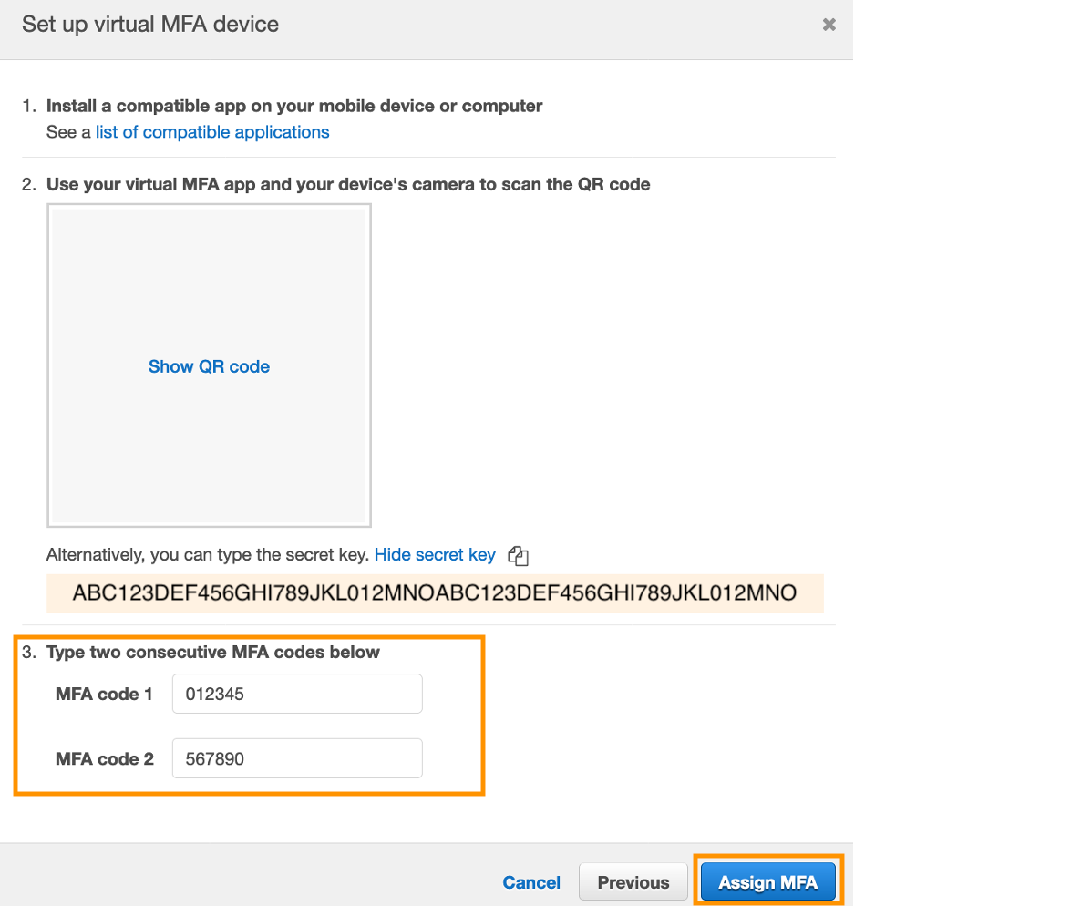 Figure 12: Enter the two consecutive YubiKey codes in the virtual MFA device configuration page