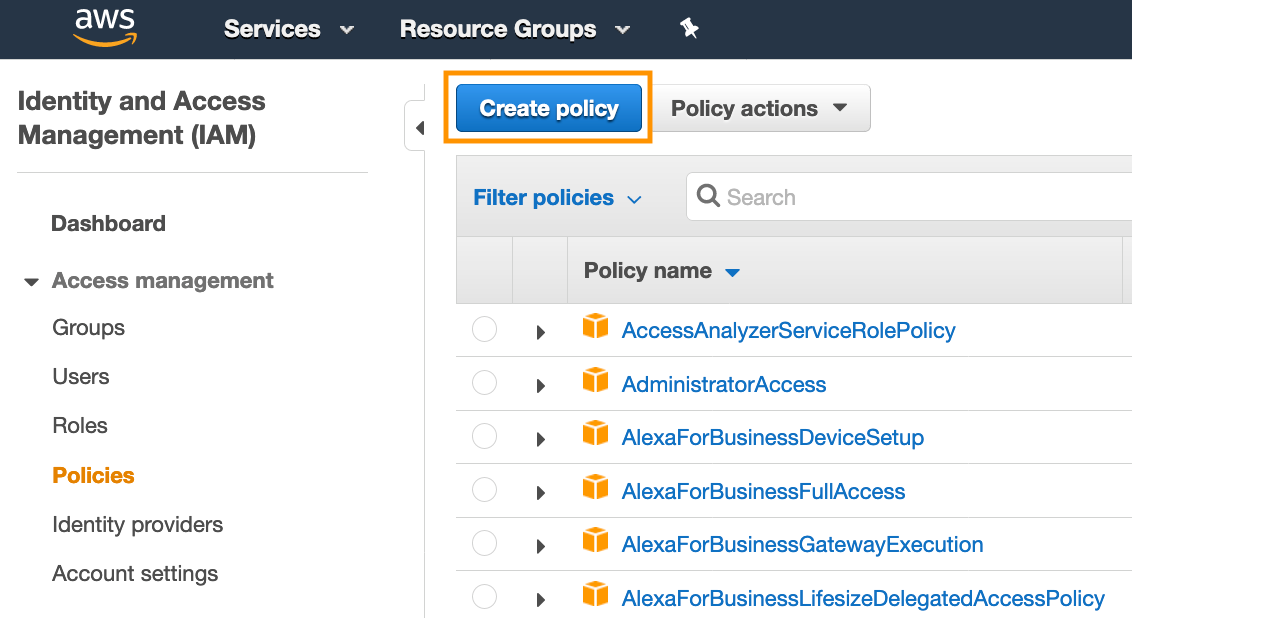 Figure 5: Create a policy in the IAM console