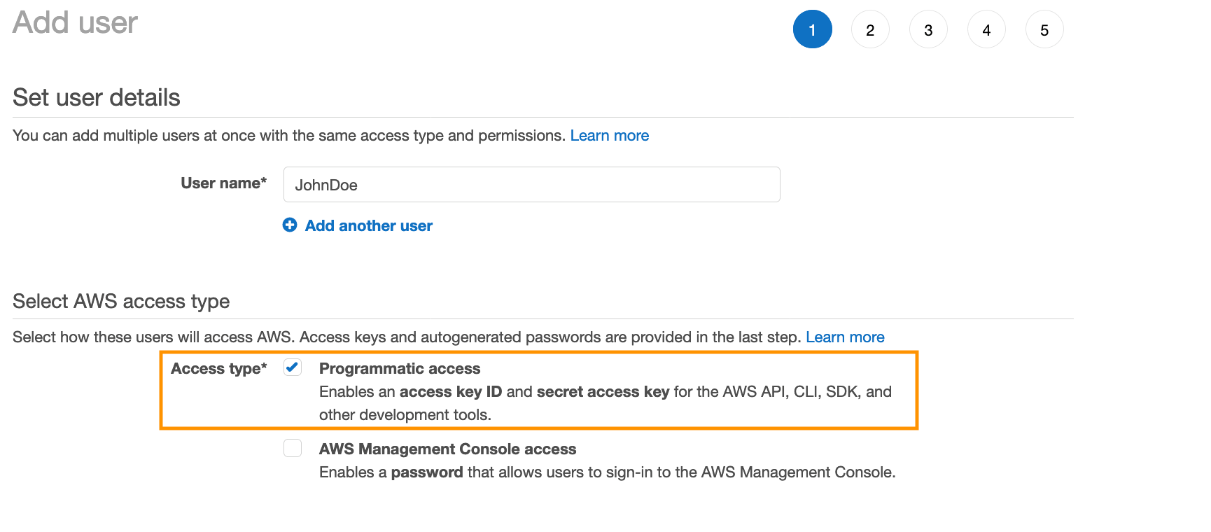 Figure 8: Create an IAM user with programmatic access