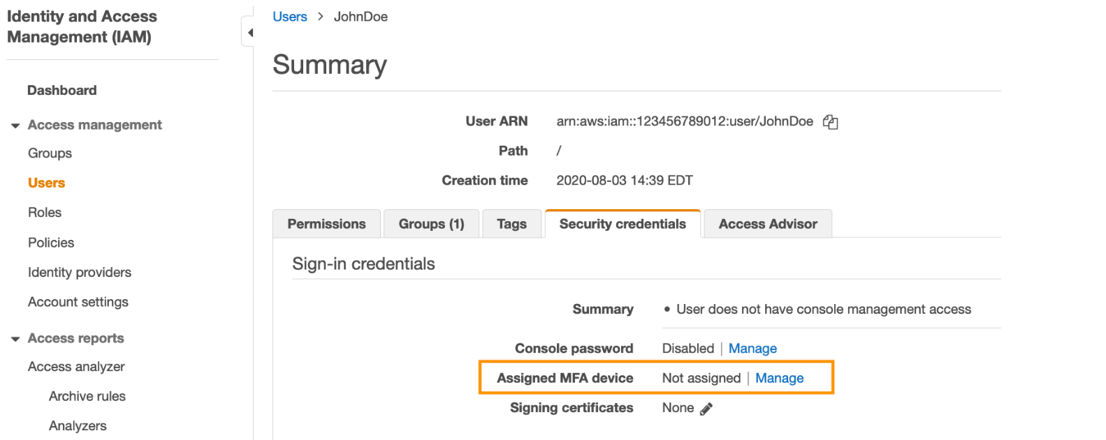 Figure 9: Assign MFA device to the IAM user