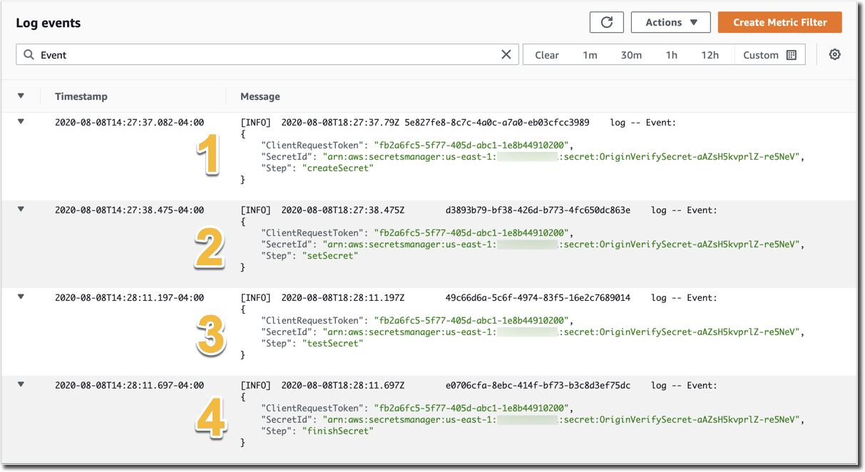 Figure 13: CloudWatch event logs for the Lambda rotation function