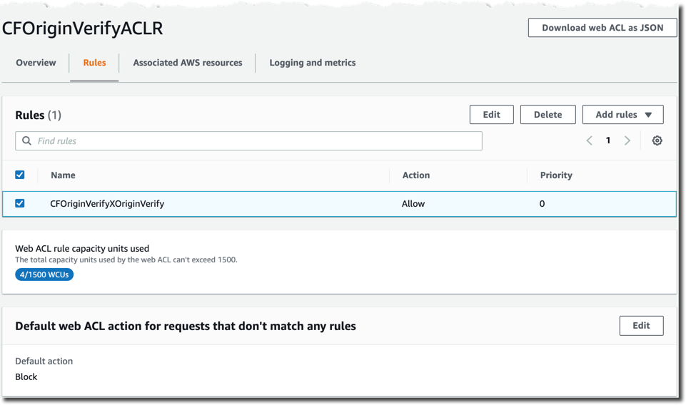 Figure 8: AWS WAF web ACL rules