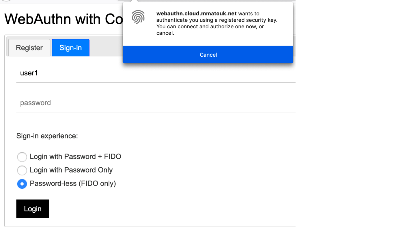 Figure 4: Authentication and browser prompt to use a registered authenticator