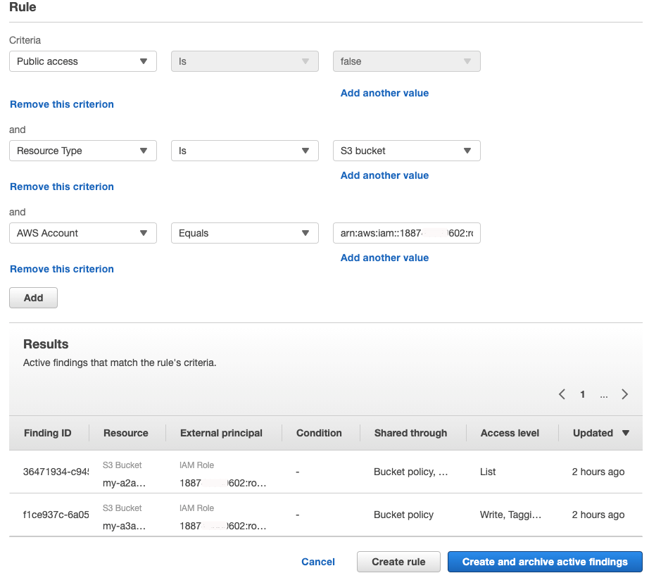 Figure 2: A rule to archive all findings for S3 buckets in an account that can be accessed by the audit role outside of the account, with matching findings displayed