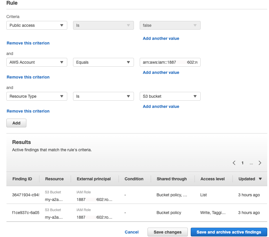 Figure 3: IAM Access Analyzer edit archive rule page where you can apply the rule retroactively to existing findings by choosing Save and archive active findings