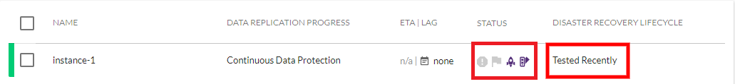 Figure 4: Machines launched in Test Mode display purple icons in the Status column and Tested Recently in the Disaster Recovery Lifecycle column