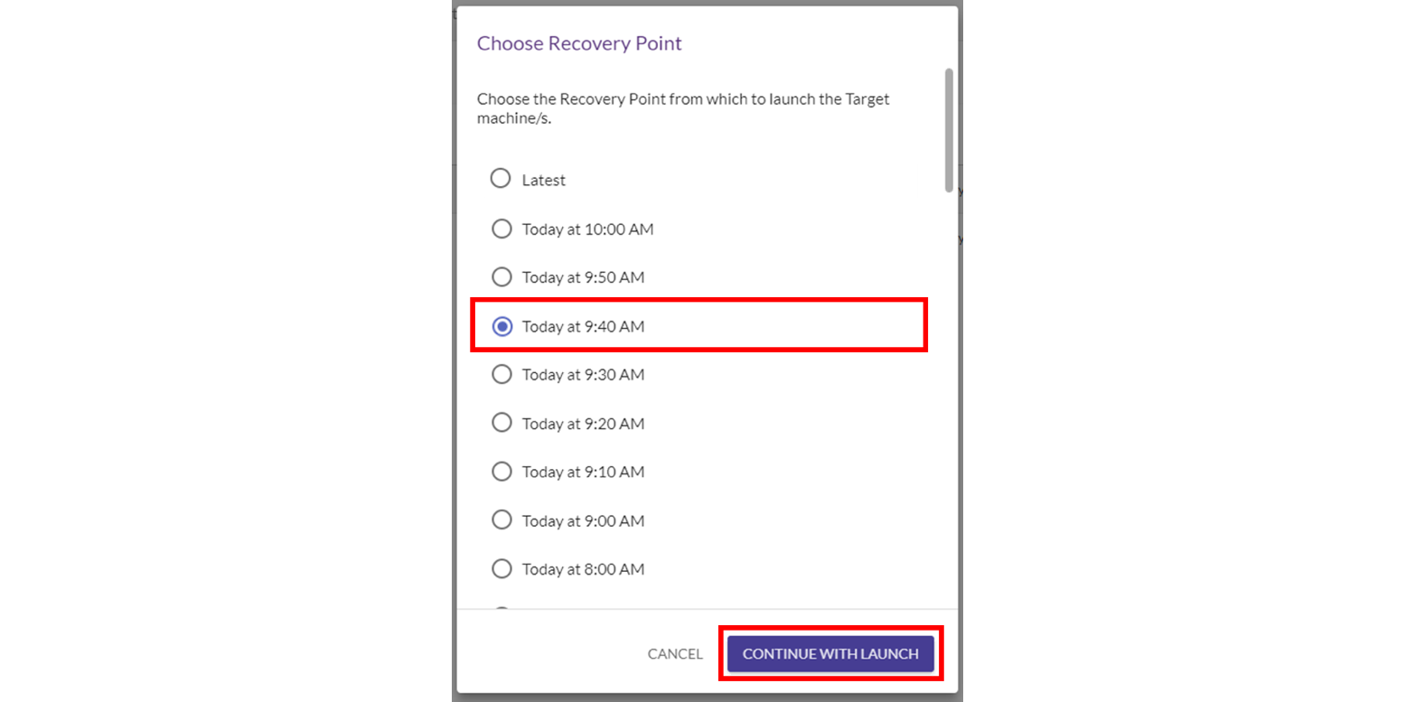 Figure 2: Selection of an earlier recovery point from the Choose Recovery Point dialog box