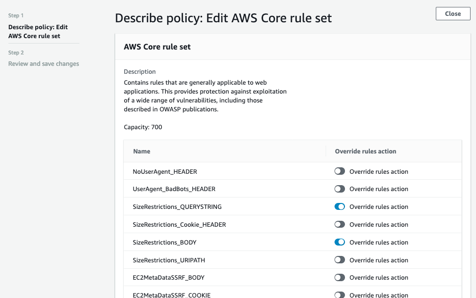 Figure 5: Example of setting a managed rule to override the rules action