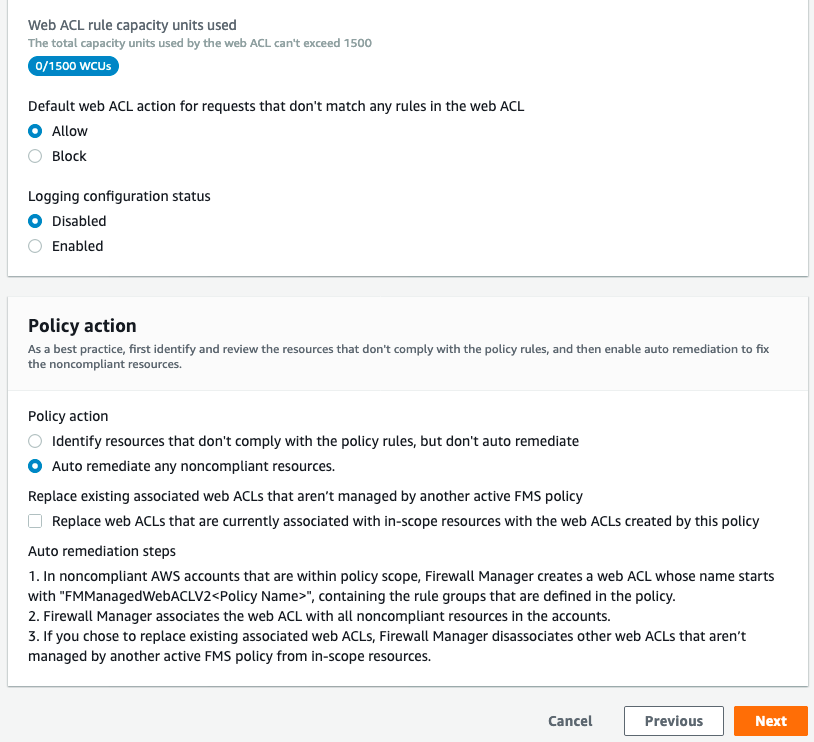 Figure 6: Setting the default web ACL and auto-remediate actions