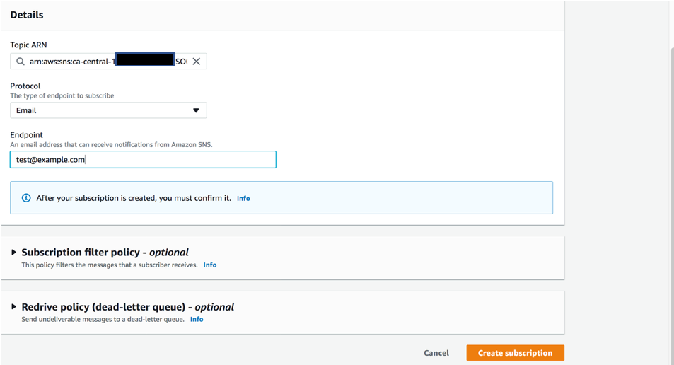 Figure 4: Subscribing to Amazon SNS topic