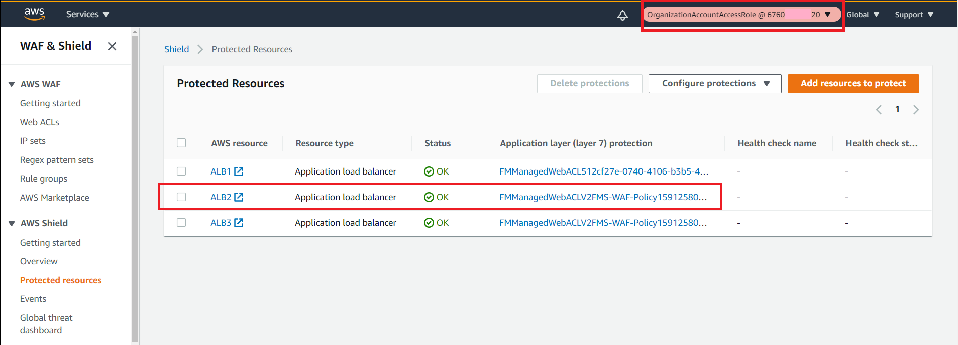 Figure 15: Shield console in the member account shows that the new ALB is a protected resource