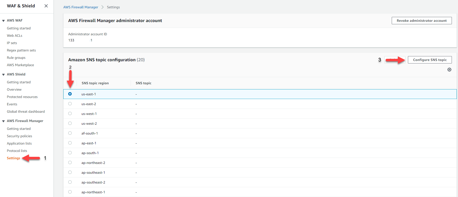 Figure 6: The Firewall Manager Settings page for configuring SNS topics
