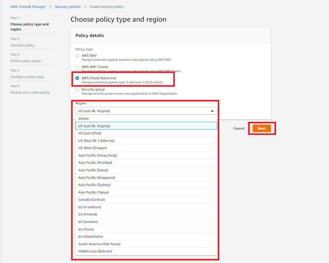 Figure 9: Select the policy type and Region
