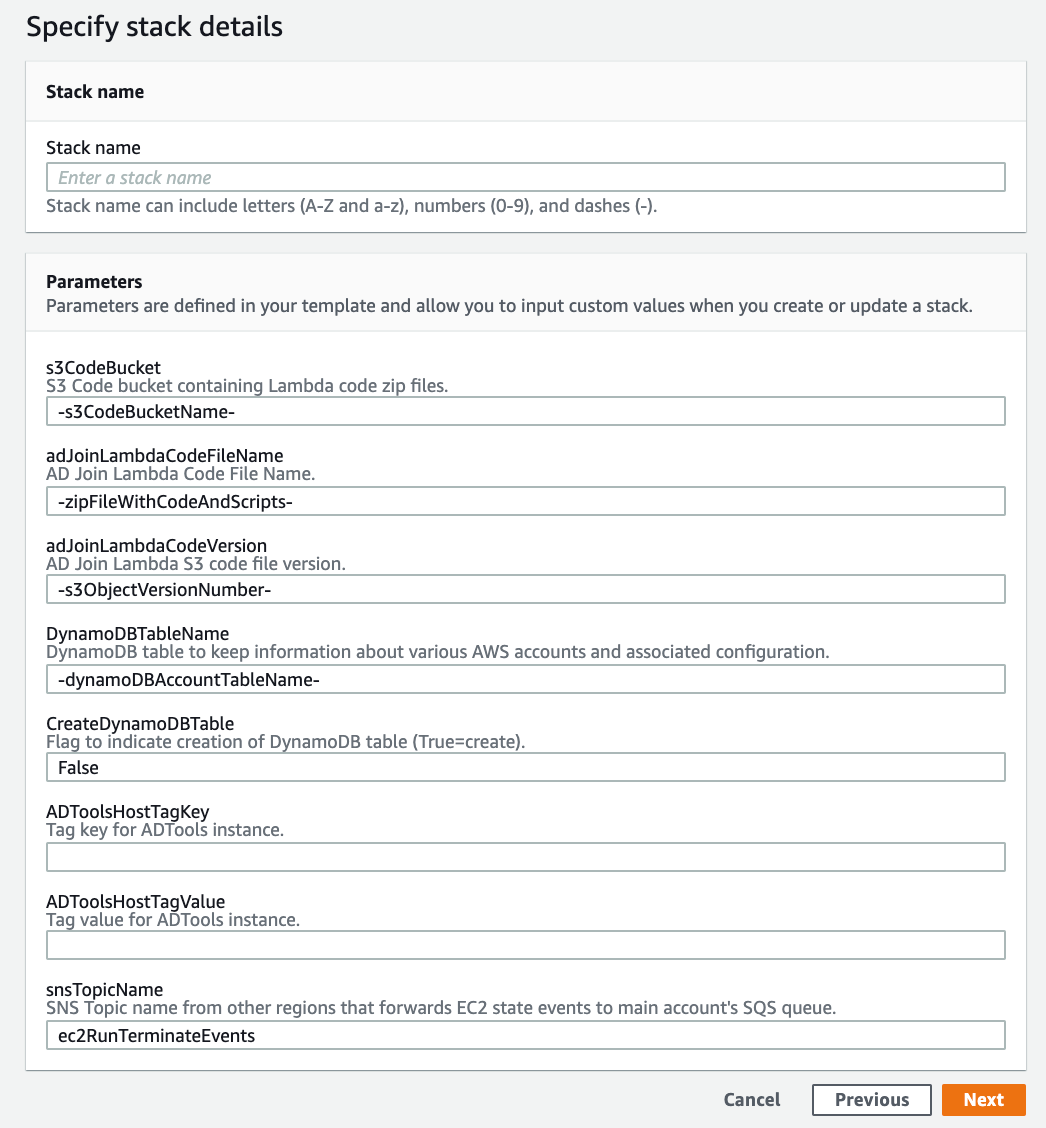Figure 2: Defining the stack name and parameters