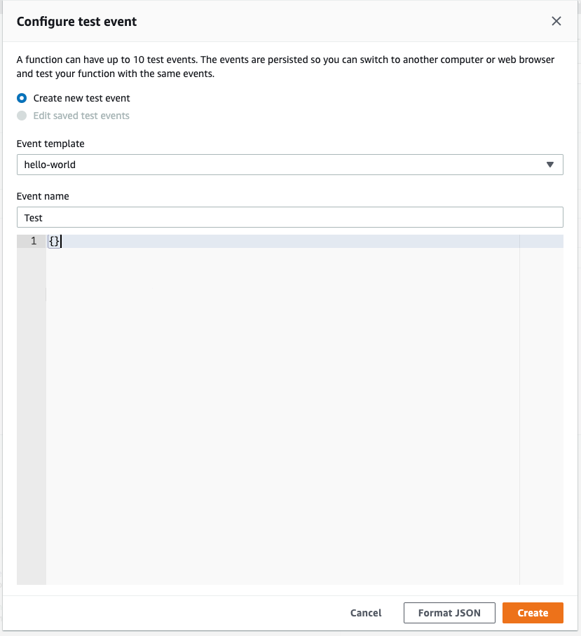 Figure 11: Configuring a test event to manually run the Lambda function