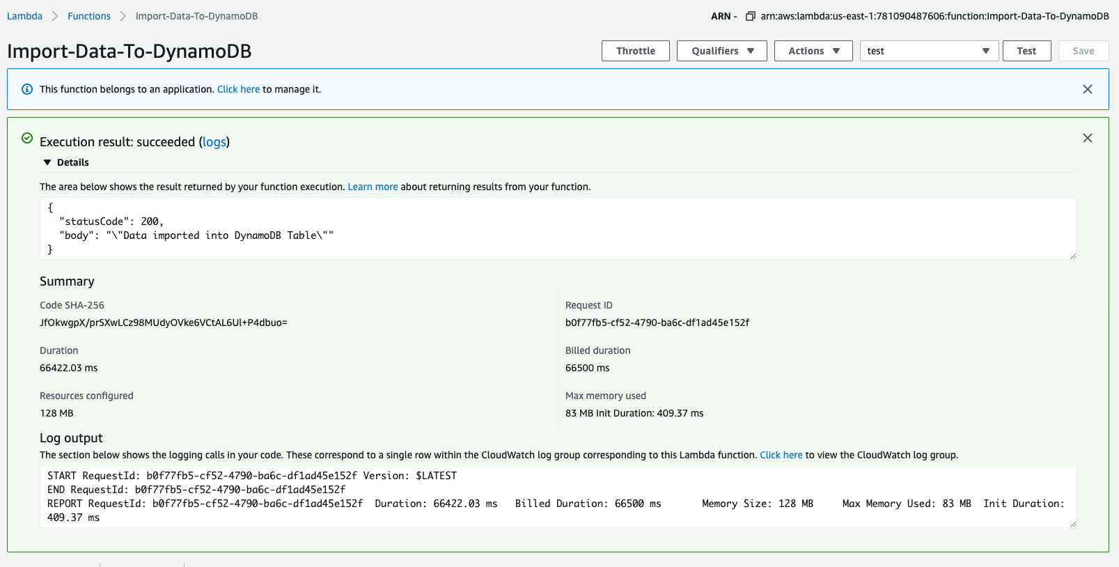 Figure 13: View of the data import Lambda function after it runs successfully