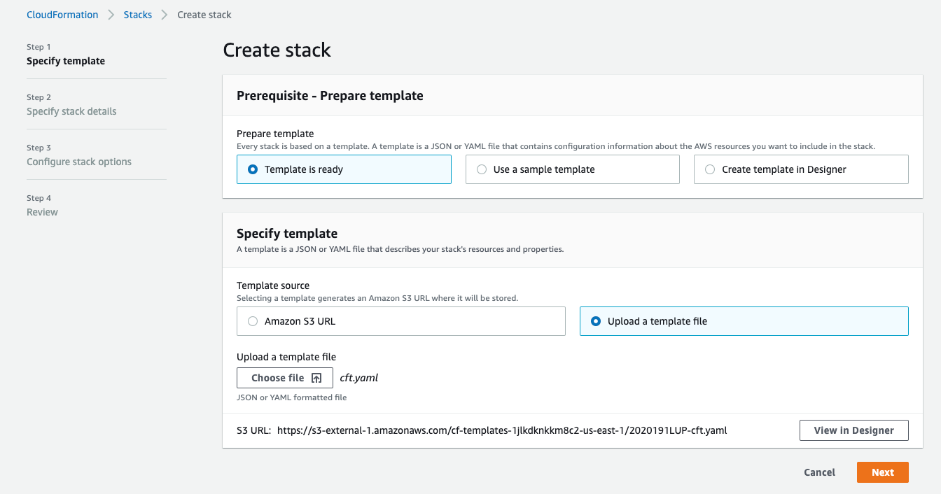 Figure 2 - Uploading the CloudFormation template to be deployed