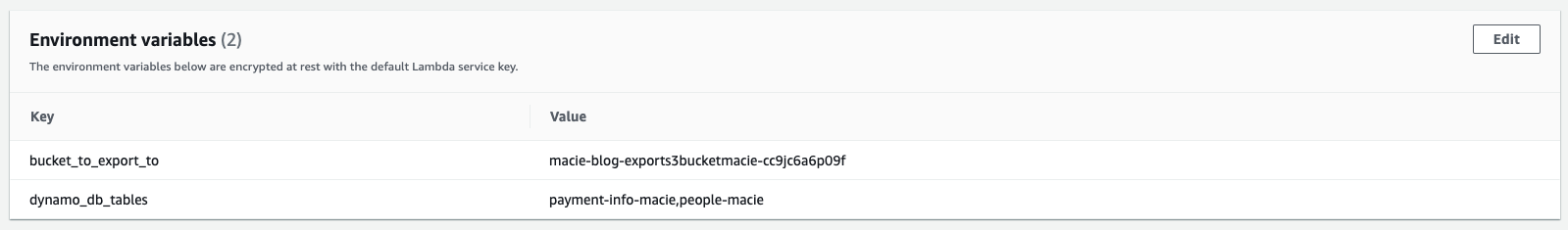 Figure 21: Environment variables used by the Lambda function 
