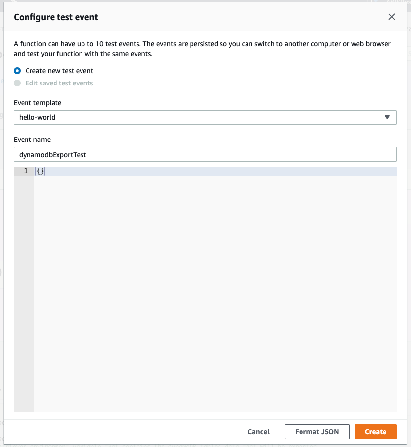 Figure 22: Configuring a test event to manually test the data export Lambda function
