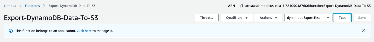 Figure 23: View of the screen where you run the Lambda function to export data