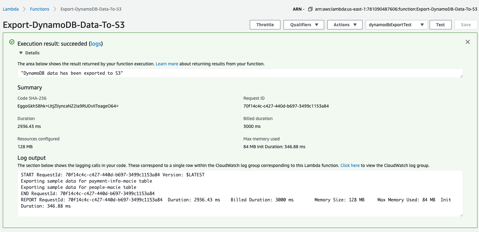 Figure 24: The result after you successfully run the data export Lambda function