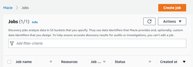 Figure 28: Macie discovery job list screen