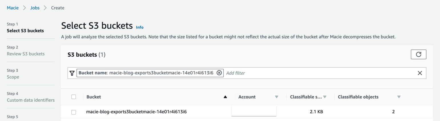 Figure 30: Selecting the S3 bucket to include in the Macie discovery job