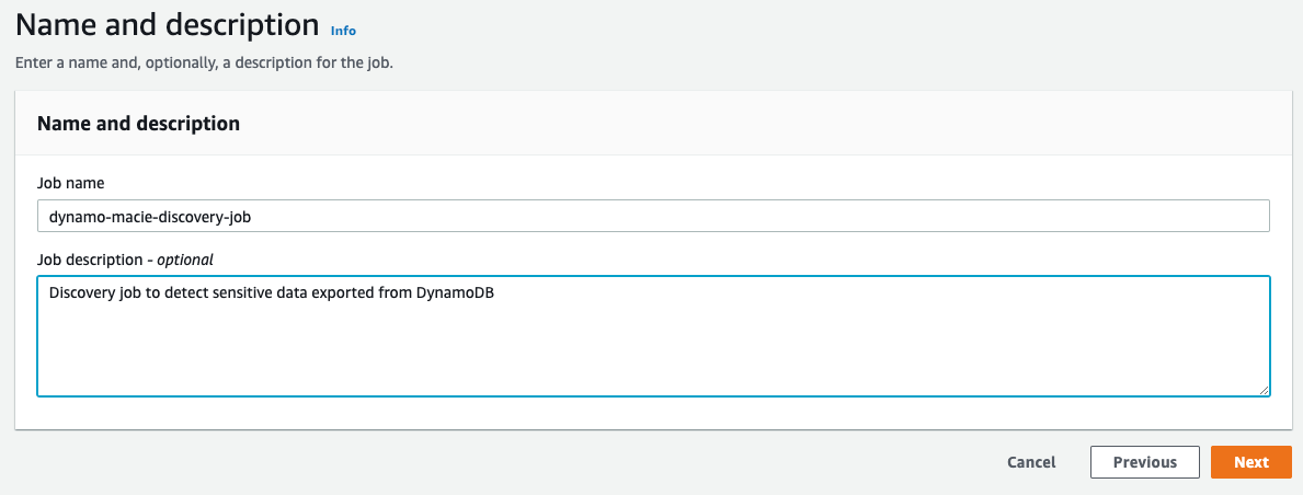 Figure 33: Giving the Macie discovery job a name and description