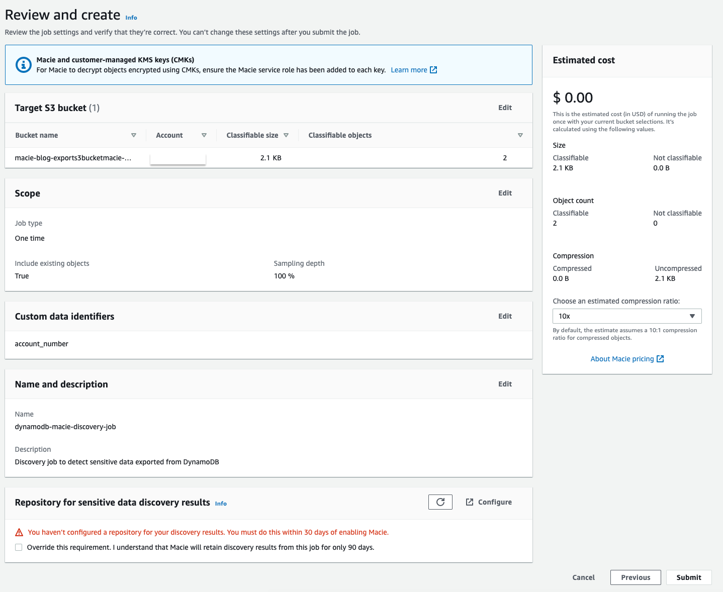 Figure 34: The Macie discovery job review screen