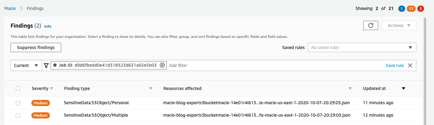 Figure 39: Viewing the list of findings generated by the Macie discovery job
