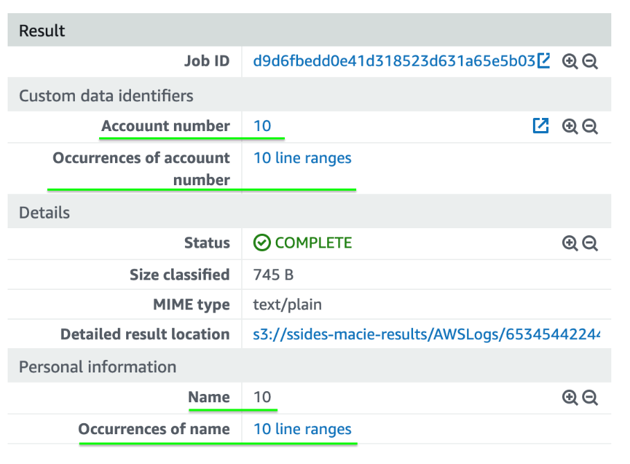 Figure 44: Details about the sensitive data that was discovered by the Macie discovery job
