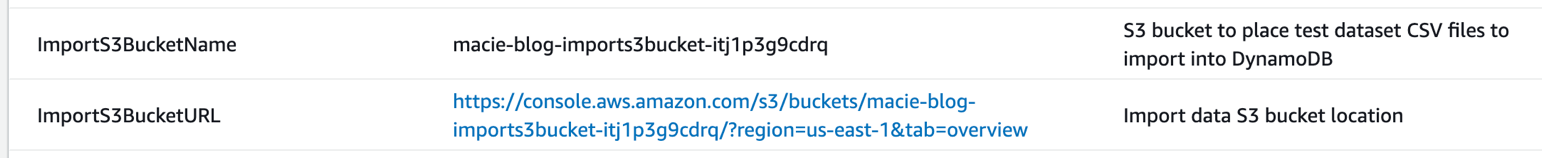 Figure 7: S3 bucket output values for the CloudFormation stack