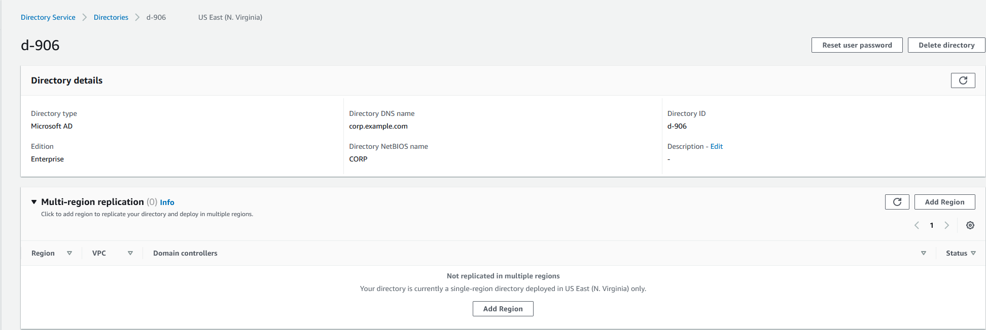 Figure 2: Directory details and new multi-Region replication pane