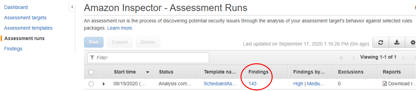 Figure 11: The assessment run indicates total findings from the last Amazon Inspector run in this Region